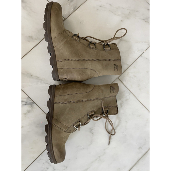 Sorel Joan Of Arctic Bootie Sz 11 Tan Leather Side Zip Hidden Wedge Waterproof - Picture 8 of 11
